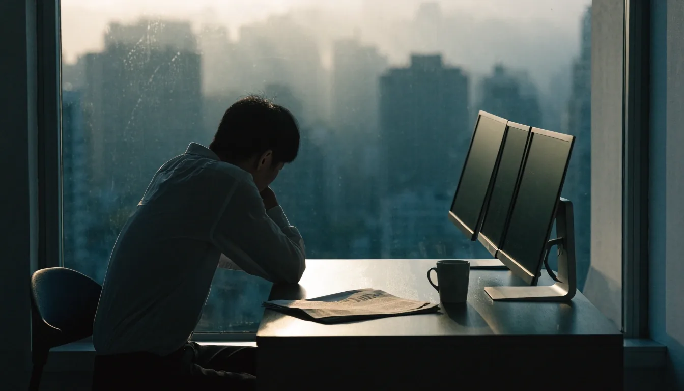清晨窗邊的顧問工作桌，螢幕轉向一旁、桌面只留下關閉的筆記本與冷色日光